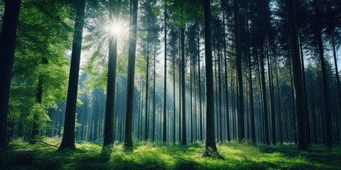 Fototapeta na wymiar nature background with forest with sun rays