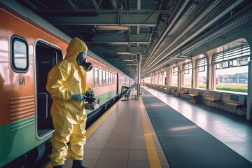 Fiction person in the hazmat suit in the different locations working with dangerous materials AI Generated image 