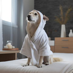Dog in grooming salon after shower wrapped in towel. Funny dog in a bathrobe sitting on bed after taking bath in a luxury dog spa salon or dog hotel. Cute dog in bathrobe after shower. AI generated