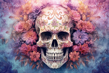 White skull decorated with flowers as for the day of the dead in mexico on a blue background