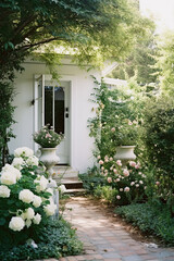 Fototapeta na wymiar the front door of a house leads to a patio surrounded by flowers, in the style of southern countryside, ai generative