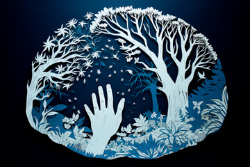 A paper-cut depiction of a hand reaching out to protect a fragile Earth, inspiring environmental stewardship and conservation. Generative AI Art Illustration	