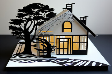 A paper-cut image of a solar panel integrated into a house, symbolizing the use of renewable energy for a sustainable future.. Generative AI Art Illustration	