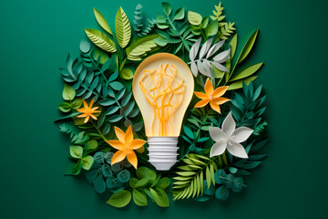 Leafy Enlightenment: A Paper-Cut Illustration of a Light Bulb Embraced by Nature, Advocating for Energy Efficiency. Generative AI Art Illustration	