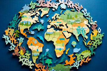 United Planet: A Paper-Cut Illustration of Interconnected Puzzle Pieces Embracing Conservation. Generative AI Art Illustration	