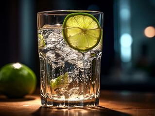 A glass of cool drink with a slice of lime on a dark background made with Generative AI