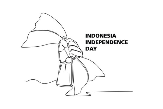 Single one line drawing 17th August Indonesia Happy Independence Day concept. Continuous line draw design graphic vector illustration.