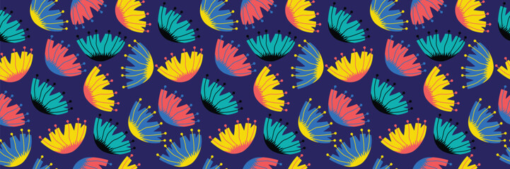 Modern exotic and Colorful Aesthetic Combination Seamless Pattern in Dark Background.