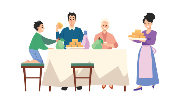 Happy family sitting at table eating mooncake, flat vector illustration isolated on white background.