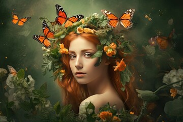 Lady in a green garden with butterflies in her hair, in the style of bio-art, with delicate flowers and light orange and green tone. Generative AI