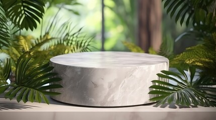 Obraz premium Product display podium decorated with pearls and leaves. Marble podium.