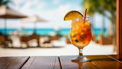 Tropical cocktail in a beautiful glass on a Wooden tabletop on a blurred background of a white sand beach with some people. AI Generated