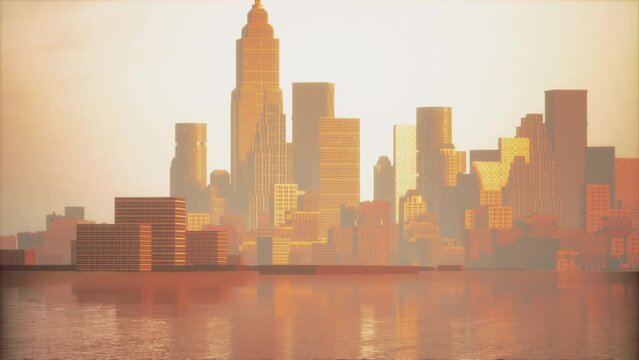 downtown cityscape at sunset in fog
