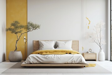 Mock up of a Japandi bedroom in white and yellow. Japanese copy space and simple interior design. Generative AI