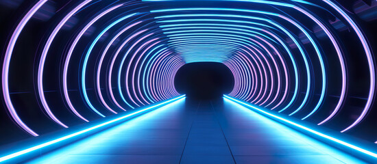 Futuristic city tunnel with bright blue neon lighting. Night scene in a city of a future. Cityscape in the style of cyberpunk. Photorealistic Generative AI illustration. 