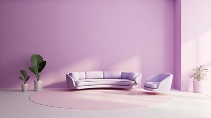 Modern minimalist living room interior with pink wall and pink color couch.