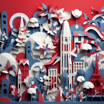 Crafting Liberty Minimalistic 3D Paper Cut Craft Illustration for Bastille Day.