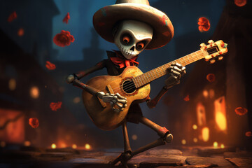Skeleton in Mexican costume and sombrero playing the guitar. Generative ai illustration, Halloween and The Day of the Dead celebrating concept