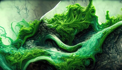 Stunning picture of shades of green liquid ink blending together, with a fantastic quality and realistic texture. 3D digital illustration. Generative AI