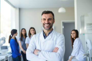 Fototapeta premium Caucasian man dentist smiling while standing in dental clinic, AI Generative