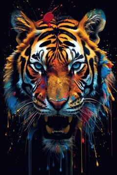 tiger  form and spirit through an abstract lens. dynamic and expressive tiger print by using bold brushstrokes, splatters, and drips of paint.  tiger raw power and untamed energy 