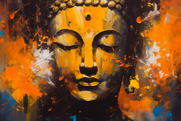 Oil painting Buddha face with abstract texture on background. Generative ai wall painting, meditation and art concept.