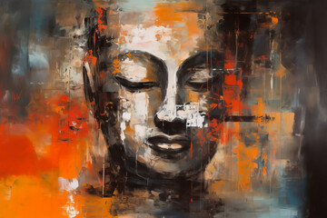 Oil painting Buddha face with abstract texture on background. Generative ai wall painting, meditation and art concept.