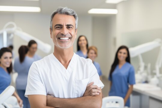 Caucasian man dentist smiling while standing in dental clinic, AI Generative