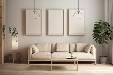 Interior of living room with a beige leather sofa, a nightlight, and branches in a vase on the wooden coffee table. Three vertical blank posters. Generative AI