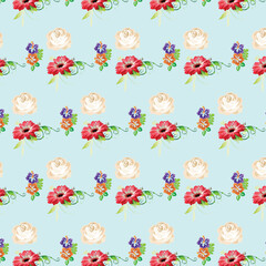 seamless floral pattern with colorful wild flowers on mirror reflecting blue sky