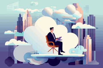 Businessman on Top of the Cloud: Digital Success Illustration