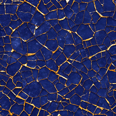 A close up of a cracked blue ang gold surface. Generative Ai
