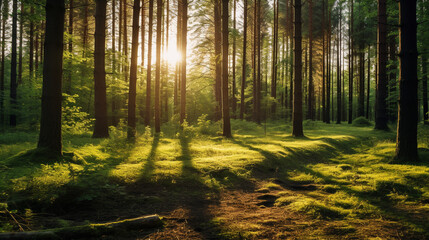 Fototapeta na wymiar Morning Sunshine in the Dense Forest