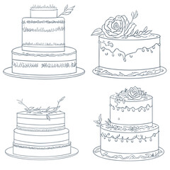 Set of cakes, trendy sketch, line icon. Vector illustration. Collection of cakes for a pastry shop. Birthday cake. Wedding cake White background. - obrazy, fototapety, plakaty