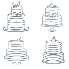 Set of cakes, trendy sketch, line icon. Vector illustration. Collection of cakes for a pastry shop. Birthday cake. Wedding cake White background.