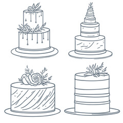Set of cakes, trendy sketch, line icon. Vector illustration. Collection of cakes for a pastry shop. Birthday cake. Wedding cake White background.