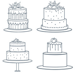 Set of cakes, trendy sketch, line icon. Vector illustration. Collection of cakes for a pastry shop. Birthday cake. Wedding cake White background.