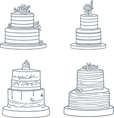 Set of cakes, trendy sketch, line icon. Vector illustration. Collection of cakes for a pastry shop. Birthday cake. Wedding cake White background.
