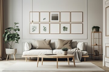 Interior of living room with cozy sofa, table, and empty picture frames. Generative AI