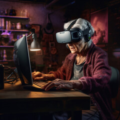 Smiling senior woman wearing virtual reality goggles while using laptop at home (ki generated, persons are not real, persons also ki generated.) - obrazy, fototapety, plakaty