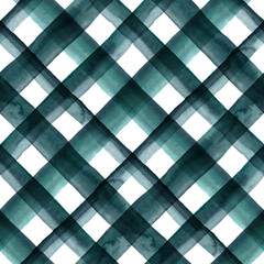Watercolor plaid in dark teal green - diagonal. Seamless pattern. - 617104993