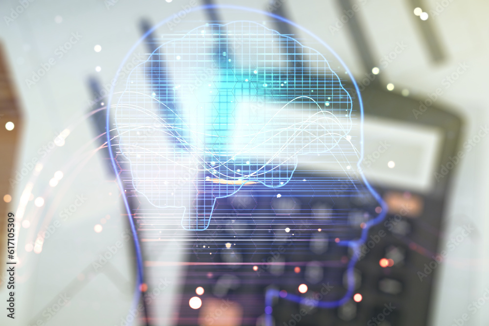 Aufkleber Double exposure of creative human head microcircuit hologram on calculator and papers background. Future technology and AI concept