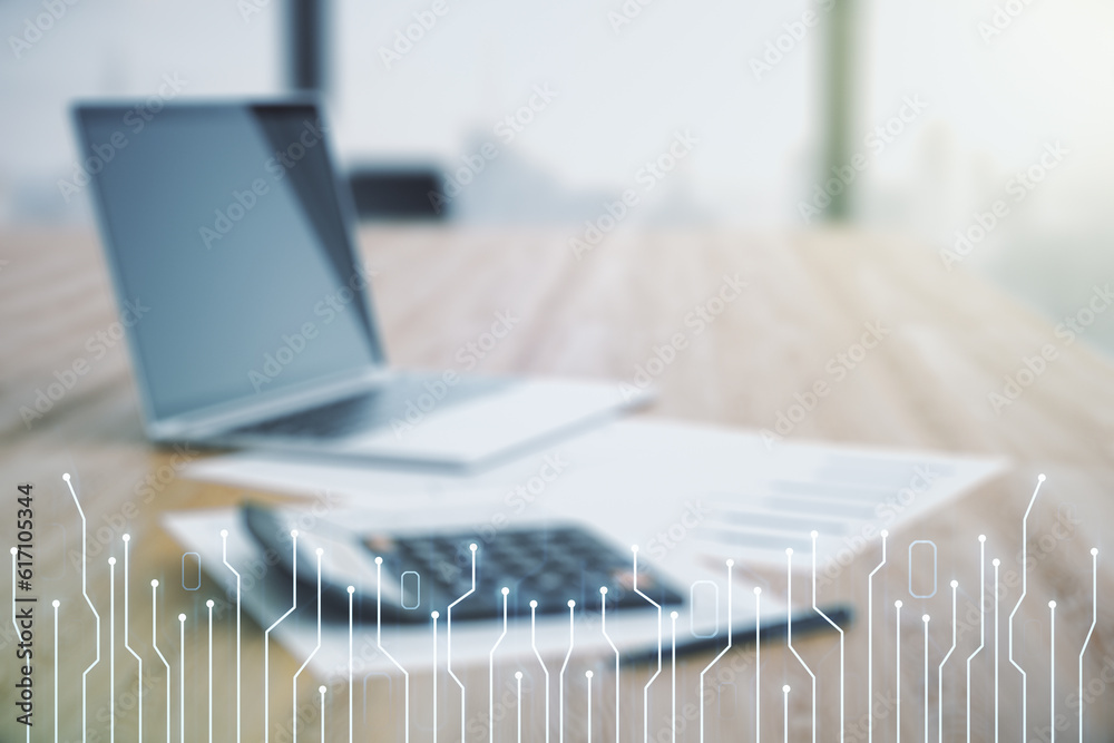 Aufkleber abstract virtual microscheme illustration on calculator and laptop background. big data and database