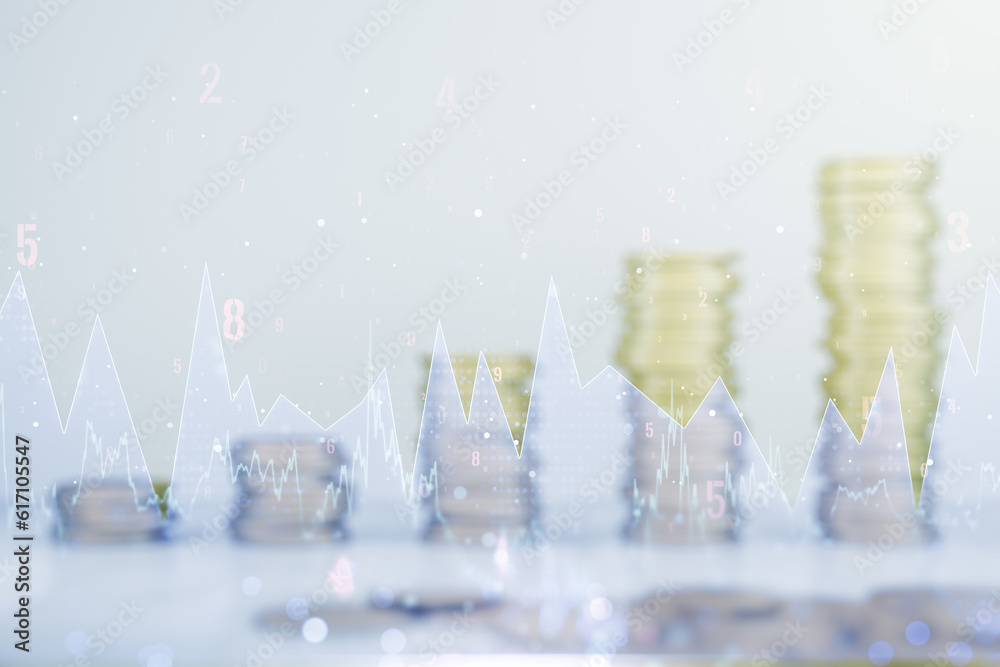 Poster Multi exposure of creative statistics data hologram on growing stacks of coins background, stats and analytics concept