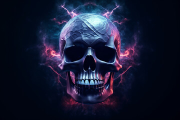 Illustration of skull with lightning on black background, generative ai.