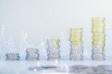 Multi exposure of creative statistics data hologram on growing stacks of coins background, stats and analytics concept