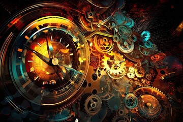 Fototapeta premium Clock and clock gears in space. Futuristic abstract background. Vibrant colors. Generative AI illustration. Time and universe concept