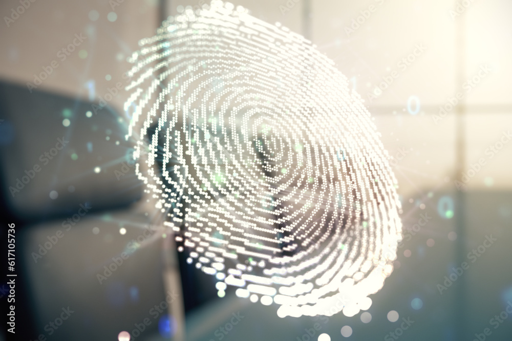 Poster multi exposure of virtual graphic fingerprint sketch on a modern furnished classroom background, fin
