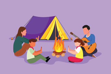 Cartoon flat style drawing happy camping hiking family warm their bodies around campfire tents. Dad playing guitar, mom and kids sitting on ground and sing a song. Graphic design vector illustration