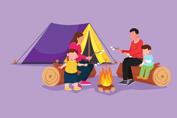 Graphic flat design drawing of happy family sit by campfire. Cheerful tourists, campers. Mom, dad and kids roast marshmallows for snack. Night camping adventure trip. Cartoon style vector illustration